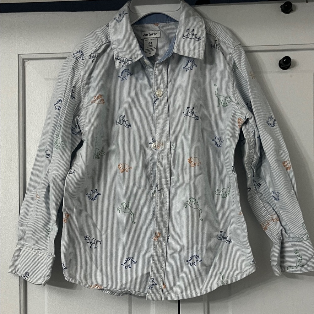 Carter's Kids Button Down Shirt with Dinosaur Print - Blue and Green